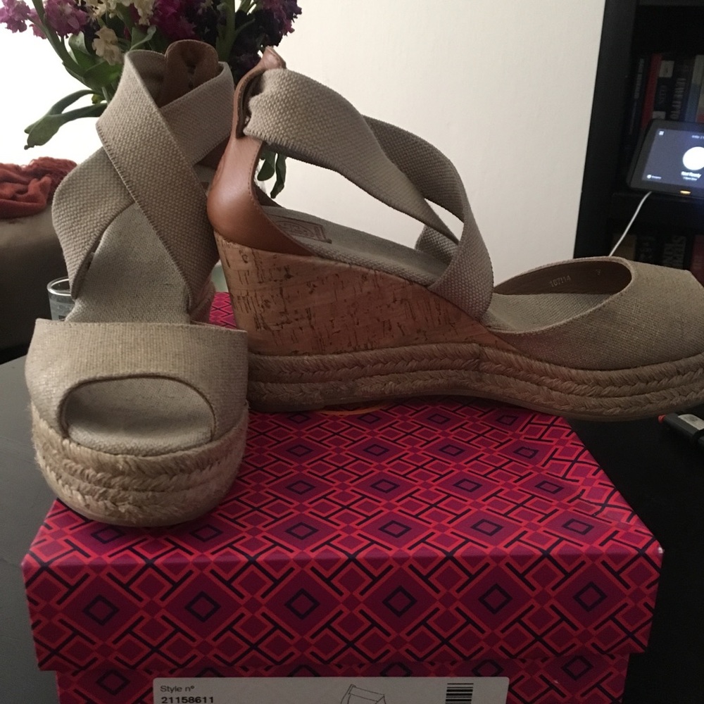 Tory Burch gold peep-toe cork wedge